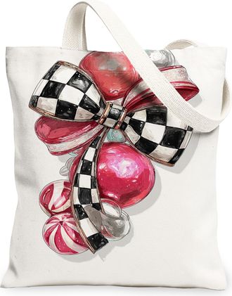 Generic Holiday Bow Canvas Tote Bags, Festive Ornament Design Reusable Shopping Bags, Winter Vintage Chic Lightweight Washable Shou, White, 13x15 Inch