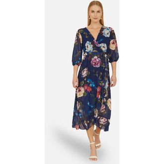 Yumi Watercolour Dip Hem Midi Wrap Dress in Navy at Nordstrom, Size 10