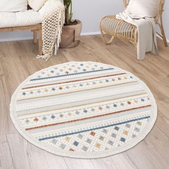 Paco Home Paco Home Alfombra Salon De Habitacion Pelo Corto Modern Boho Etnica Nordica Dibujo Flecos Ø 120 cm redon, Multicolor 4