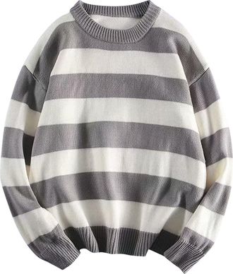 Generic Knitted Jumper Mens Striped Ribbed Edge Sweaters Long Sleeve Crew Neck Fleece Sweater Casual Stylish Loose Fit Knitwear Soft Warm Sweatshirts Winterpu