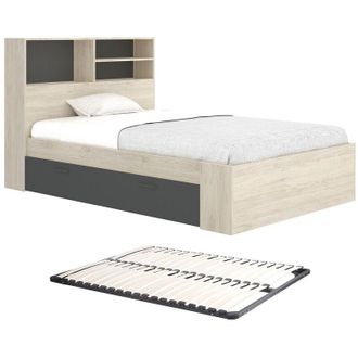 Vente-Unique Letto 120 x 190 cm Con vani portaoggetti Naturale e Antracite + Rete - VARDIEL
