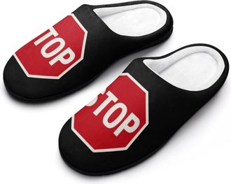 Generic Stop Traffic Sign Slippers Men Winter Warm Cotton Anti-Slip Indoor Slip-Ons House Shoes