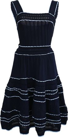 Sandro Sandro Pointelle-Knit Fir and Flare Mini Dress in Navy Blue Viscose