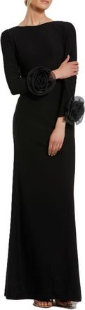 Mac Duggal Long Sleeve Fitted Jersey Gown With 3D Flowers in Black at Nordstrom, Size Large