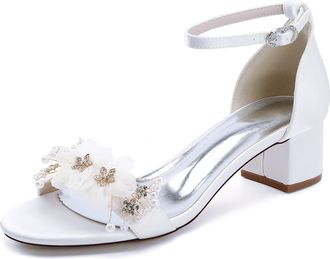 Generic Womens Block Heel Wedding Shoes Open Toe Low Heel Bridal High Sandals Pearl Prom Party Dress Shoes 4.5Cm,White,10 UK