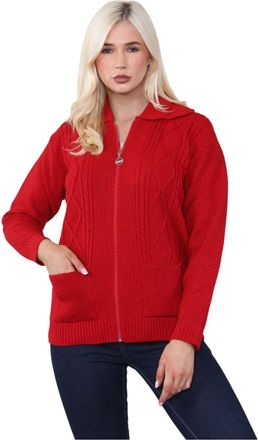 Janisramone Zip-up Cardigans for Women UK, Full Sleeves Solid Color Ladies Cardigan, Knitted Womens Zip up Cardigan, Ladies Cardigans with Pockets for Winters Red