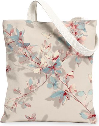 Generic Floral Canvas Tote Bags, Elegant Flower Design Reusable Grocery Bags, Spring Vintage Lightweight Washable Shoulder Strap Ca, Light Beige, 13x15 Inch