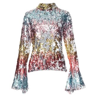 Halpern multicolor sequinned funnel neck flare sleeve party top