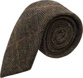 King & Priory Luxury Dark Olive Green Herringbone Check Tie, Tweed