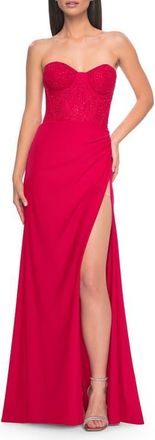 La Femme Lace Bustier Strapless Dress with Ruched Jersey Skirt in Red at Nordstrom, Size 12