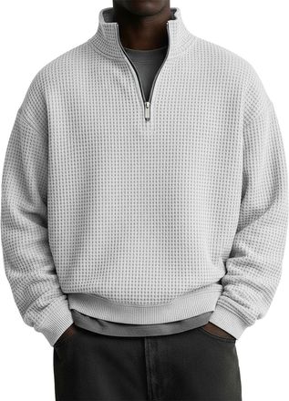 Generic Waffle Knitted Textured Sweatshirt Mens UK Vintage Quarter Zip Pullover Fleece Long Sleeve Tracksuit Tops Standing Collar Casual Soft Jumpers Solid Lo