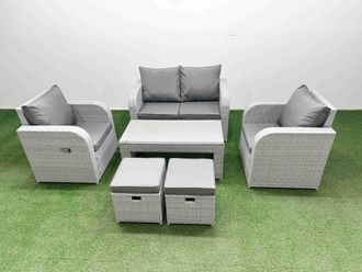 Fimous Light Grey PE Wicker Rattan Garden Furniture Set Sofa Set Reclining Adjustable Chair Oblong Coffee Table 6 Seater 2 Small Stools