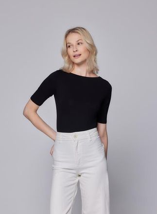 Majestic Filatures Soft Touch Elbow Sleeve Crewneck in Noir at Nordstrom, Size 1