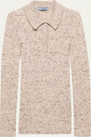 Prada Speckled Wool-Linen Rib Polo Sweater