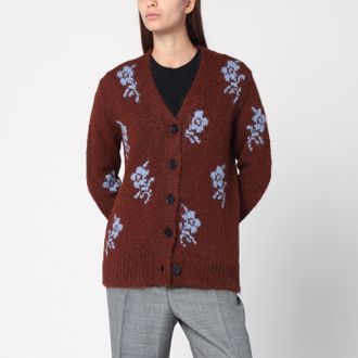 Jil Sander Cardigan marrone con intarsio floreale