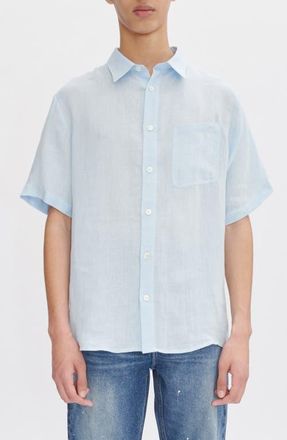 A.P.C. Bellini Logo Embroidered Short Sleeve Linen Button-Up Shirt in Iab Light Blue at Nordstrom, Size X-Large