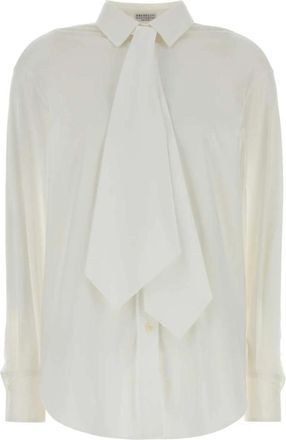 Brunello Cucinelli Stretch Cotton Poplin Shirt with Tie and Monili - Dames - Overhemden - Wit - XS - Katoen - Overhemden