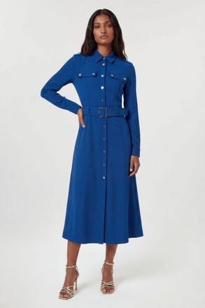 Karen Millen Womens Petite Tailored Belted Midi Shirt Dress - Blue - Size 14 UK