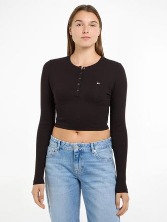 Tommy Jeans Langarmshirt TOMMY JEANS TJW CRP HENLEY TOP LS, Damen, Gr. XL (42), schwarz, Single Jersey, Obermaterial: 95% Baumwolle, 5% Elasthan, unifarben, Shirt