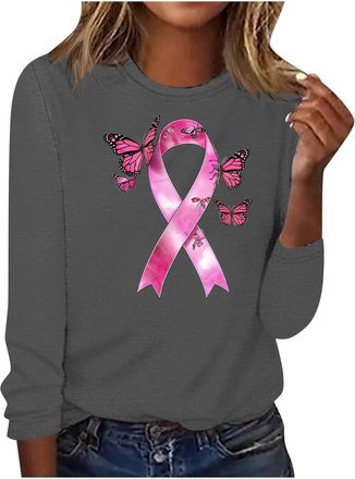 Generic Breast Cancer Jumpers for Women Uk Loose Fit Long Sleeve Hoodless Sweatshirt Cute Breast Cancer Prevention Elements Jumper Soft Comfy Crew Neck Tunic 