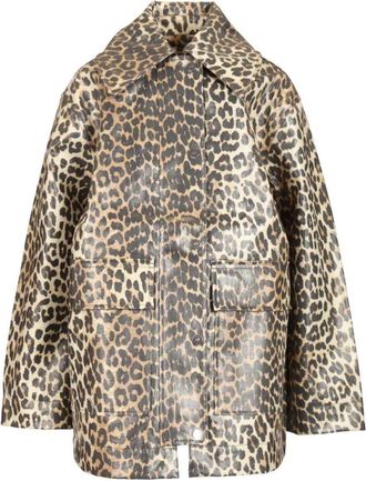 Ganni Leopard Laminated Cotton Jacket - Dames - Zomerjassen - Veelkleurig - 2Xs/Xs - Katoen - Jassen
