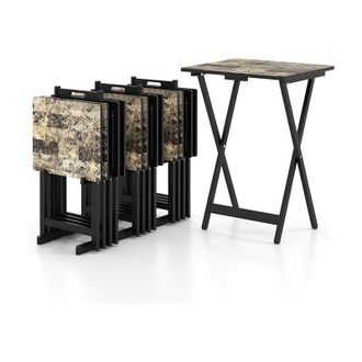Costway Set di 4 Tavolini Pieghevoli, Tavolio da Giardino in Legno, Maniglia per il Trasporto, Tavolino Laterale Portatile per Giardino Balcone Soggiorno