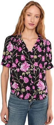 CeCe by Cynthia Steffe Floral Ruffled Front V-neck Top Womens Clothing Rich Black : SM, Polyester
