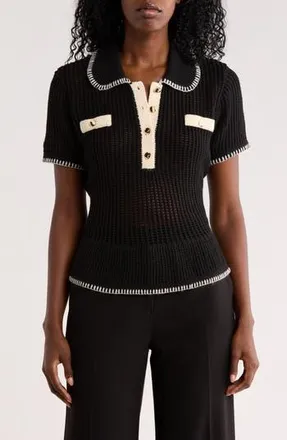 Adrianna Papell Open Stitch Polo Sweater in Black/Cream at Nordstrom Rack, Size X-Large