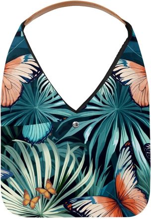 Generic Tropical Palm Butterflies Pattern Reusable Lightweight Grocery Bags - Foldable Into Compact Pouch, Washable & Sturdy, Multipurpose for Shopping and Tr