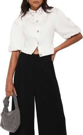 Mint Velvet Embellished Collar Cropped Shirt in Ivory at Nordstrom, Size 10