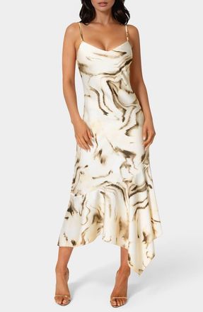 Bebe Print Satin Handkerchief Midi Dress in Tan Multi at Nordstrom Rack, Size X-Small
