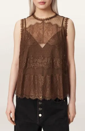 AllSaints Clara Mixed Lace Sleeveless Top in Bitter Brown at Nordstrom, Size 10