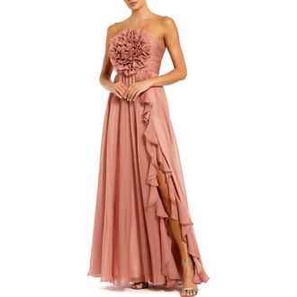 Mac Duggal Strapless Chiffon Gown With Oversized 3D Flower in Rose at Nordstrom, Size 12