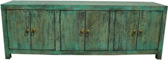 Wanderlust Deco Aparador de madera de 6 puertas acabado envejecido verde, 200x40x70h