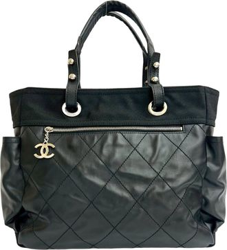 Chanel Black Leather Canvas Handbag Pouch Tote Bag (Pre-Owned)