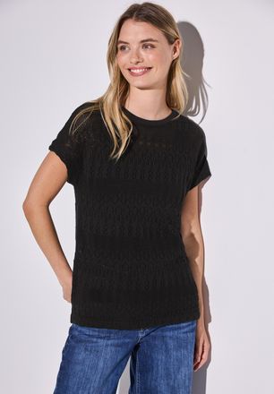 Street One Kurzarmpullover STREET ONE, Damen, Gr. 36, schwarz, Strick, Obermaterial: 50% Baumwolle, 50% Polyacryl, unifarben, tailliert h&uuml;ftbedeckend, U-Boot-Aus