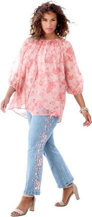 Roaman's Blouson Sleeve Overlay Blouse in Soft Blush Small Garden at Nordstrom, Size 12