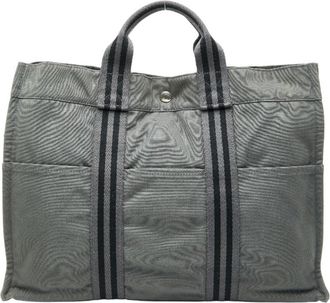 Herm&egrave;s Black Gray Canvas Handbag Tote Bag (Pre-Owned)