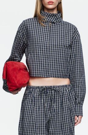 Lioness Aura Plaid Cotton Crop Jacket in Navy Lemon Plaid at Nordstrom, Size X-Small