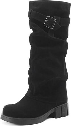 Generic Womens Retro Round Toe Suede Knee-High Boots Adjustable Buckle Strap Suede Low Block Heels Pull on Slip on Comfortable Party Casual Shoes,Black,6 UK