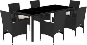 vidaXL Set Comedor Jard&iacute;n 7 Pzas Cojines Rat&aacute;n Sint&eacute;tico Vidrio Negro Vidaxl