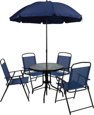 Flash Furniture 6 Piece Navy Patio Garden Set with Umbrella Table and Set of 4 Folding Chairs