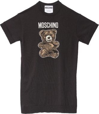 Moschino Kleedjes, Dames, Zwart, 2Xs, Katoen, Adrian Gebreide Jurk met Beer Borduurwerk