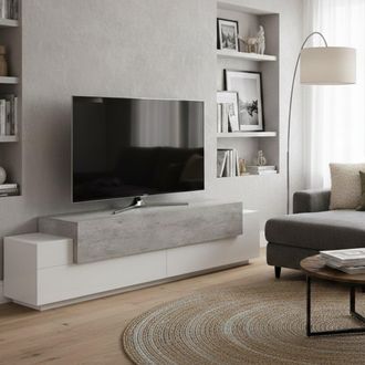 Dmora Dmora - Mueble Para Tv Para Sala De Estar, Made In Italy, Mueble Para Tv Con 3 Puertas Y Estantes, Cm 200x45h52, Blanco Brillante Y Color Cemento, Con