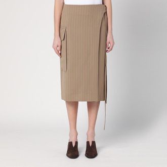 Victoria Beckham Womens Sand-coloured Pinstriped Wrap Skirt - Brown Wool - Size EU 36 (Womens)