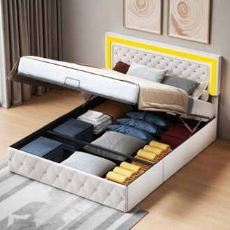 OEM Cama Lit 140x200 - Terciopelo Beige - Mecanismo Silencioso - Iluminaci&oacute;n Led - Almacenamiento Integrado