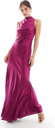 Tfnc Vestito lungo accollato in raso color prugna asimmetrico-Viola