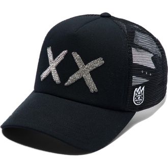 Cult of Individuality XX Crystal Embellished Trucker Hat in Black/White at Nordstrom