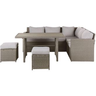 Beliani Set da giardino 5 posti in rattan sintetico taupe divano angolare tavolo 2 pouf cuscini grigi Bardi