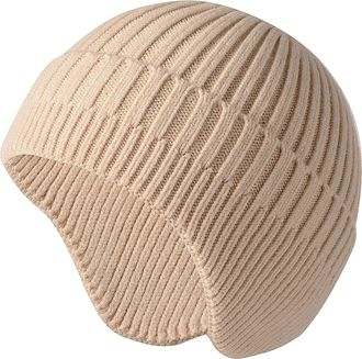 Generic Unisex Winter Hat with Ear Flaps Thick Warm Acrylic Blended Yarn Knitted Beanie Windproof for Cold Weather Beige
